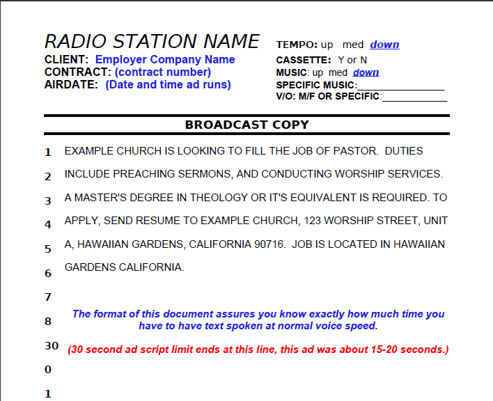 Example PERM Radio Ad Script