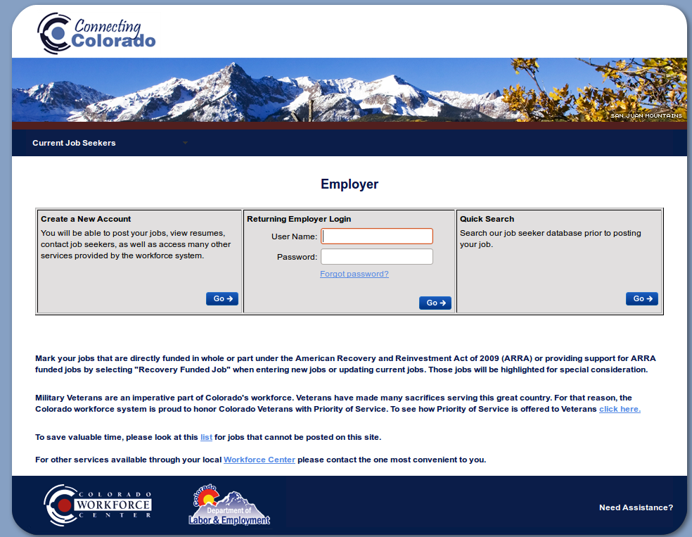 Colorado SWA JOb Order Employer Login Page