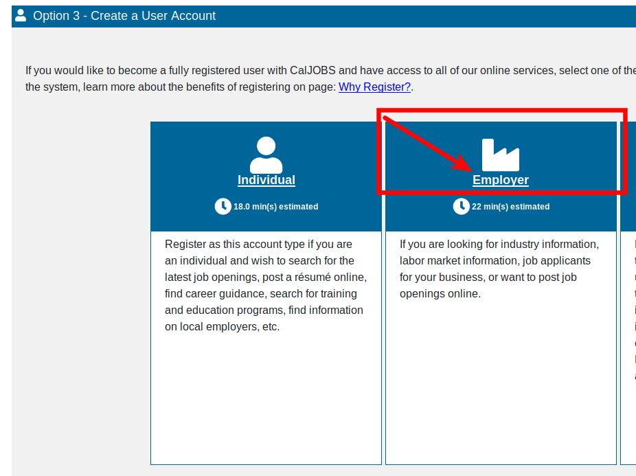 SWA Job Order California Employer Registration Step 1