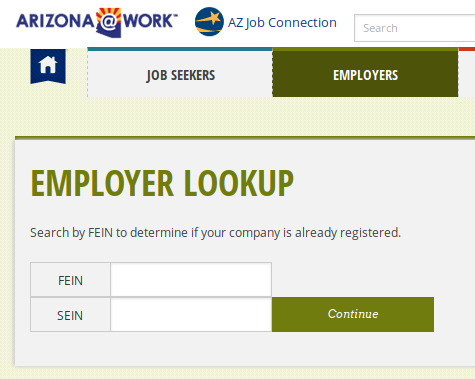 SWA Job Order Arizona Employer Registration FEIN SEIN Lookup