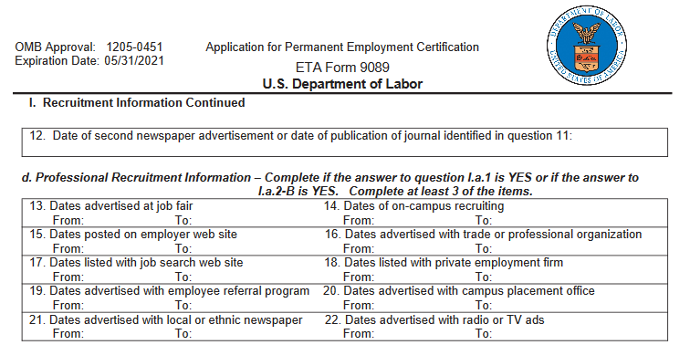 DOL FORM 9089 PERM RECRUITMENT REPORT B